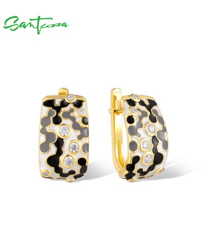 SANTUZZA 925 Sterling Silver Latch Back Earrings Enamel Mosaic Irregular Jewelry