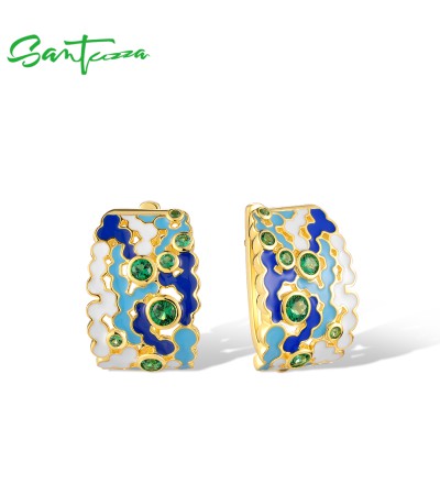 SANTUZZA  925 Sterling Silver Clip Earrings Mosaic Style Enamel Jewelry