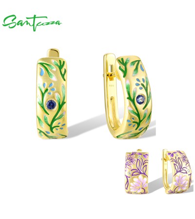 SANTUZZA 925 Sterling Silver Earrings Sparkling Enamel Flower & Trees Fine Jewelry - Green  Enamel
