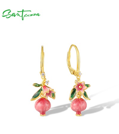 SANTUZZA 925 Sterling Silver Drop Earrings Sparkling Enamel Pomegranate Jewelry