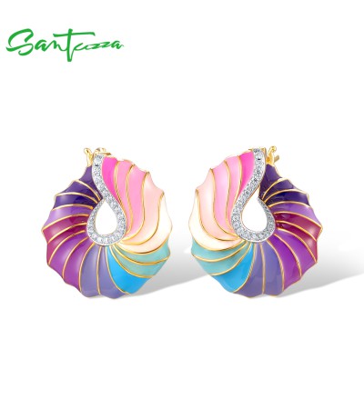 SANTUZZA 925 Sterling Silver Stud Earrings CZ Colorful Twisted Pattern / Conch Jewelry