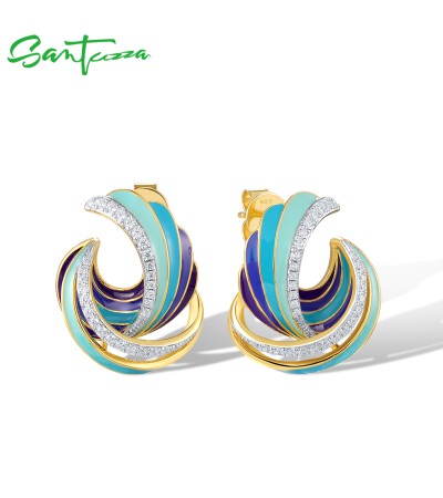 SANTUZZA 925 Sterling Silver Stud Earrings CZ Colorful Twisted Pattern / Conch Jewelry