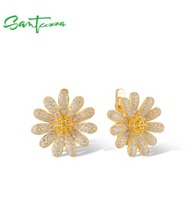 SANTUZZA 925 Sterling Silver Earrings Sparkling White Zircon  Flower Jewelry