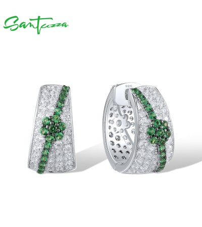 SANTUZZA 925 Sterling Silver Clip Earrings White CZ Green Spinel Jewelry