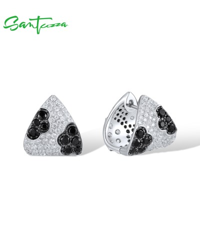 SANTUZZA 925 Sterling Silver Clip Earrings White CZ Black Spinel Triangle Jewelry