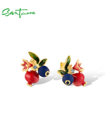 SANTUZZA 925 Sterling Silver Drop Earrings Fruits Blueberries &Pomegranate Jewelry Enamel