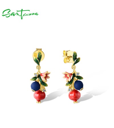SANTUZZA Genuine 925 Sterling Silver Drop Earrings Fruits Blueberries &Pomegranate Jewelry