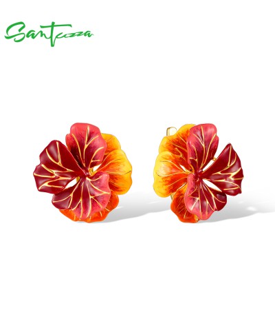 SANTUZZA 925 Sterling Silver Earrings Sparkling Red Enamel Maple Leaves Jewelry