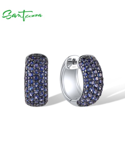 SANTUZZA 925 Sterling Silver Loop Earrings Sparkling Created Blue Sapphire Jewelry
