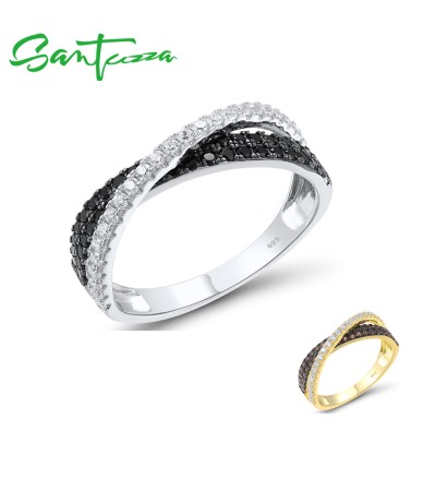 SANTUZZA Silver Ring 925 Sterling Silver Black Brown Spinel White CZ Cross Fine Jewelry - US 6/Yellow Gold Plating