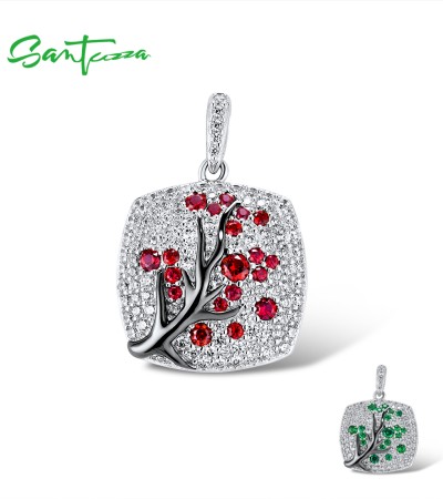 SANTUZZA 925 Sterling Silver Pendant Without Chain Pink Green Cherry Tree White CZ Jewelry - Green Stones