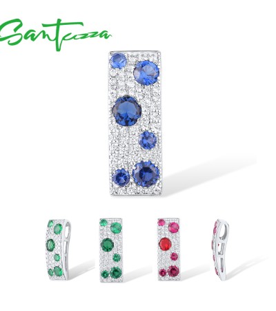 SANTUZZA 925 Sterling Silver Pendant Rectangle Blue CZ Green Spinel Ruby Fine Jewelry - Blue Stones