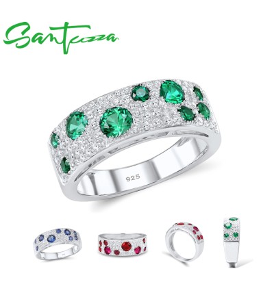 SANTUZZA 925 Sterling Silver Rings Created Ruby Green Spinel Blue Cubic Zirconia Jewelry - Blue Stones/US 6