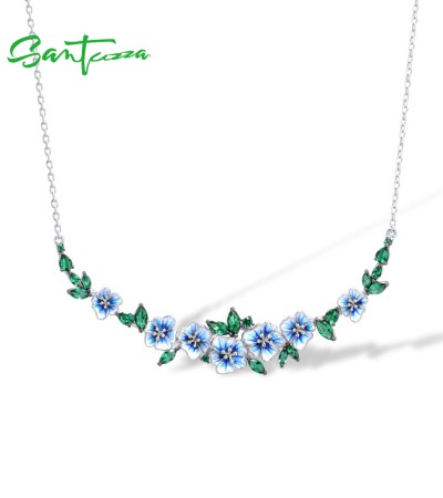 SANTUZZA 925 Sterling Silver Necklace Green Spinel Blooming Flowers Jewelry Enamel