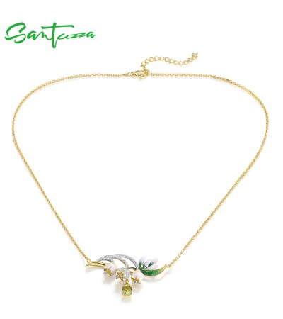 SANTUZZA 925 Sterling Silver Enamel Necklace Green Stones White CZ Flower Necklace Fine Jewelry