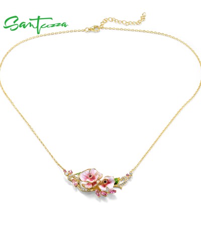 SANTUZZA 925 Sterling Silver Enamel Necklace Red Pink Stones White CZ Flower Fine Jewelry