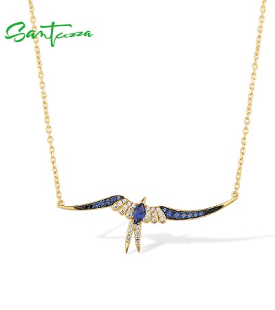 SANTUZZA 925 Sterling Silver Necklace Black Spinel Blue/White CZ Swallow Necklace Gold Color Jewelry