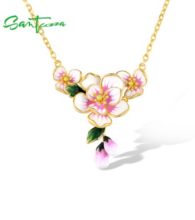 SANTUZZA 925 Sterling Silver Necklace Romantic Pink Flower Enamel Jewelry