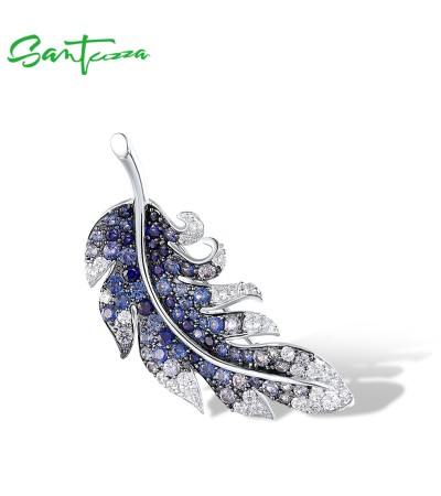 SANTUZZA 925 Sterling Silver Brooch Created Blue Sapphire Elegant Feather Jewelry
