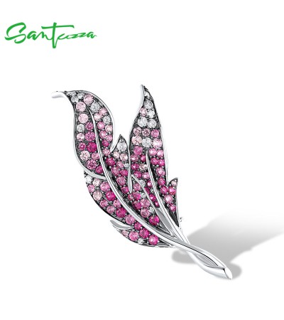 SANTUZZA 925 Sterling Silver Brooch Created Pink Sapphire Fantastic Feather Jewelry