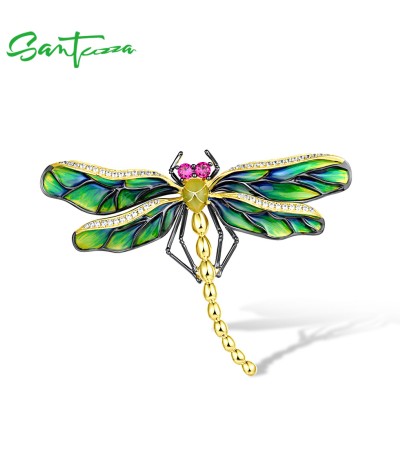 SANTUZZA 925 Sterling Silver Brooch White CZ Created Ruby Green Enamel Dragonfly Jewelry