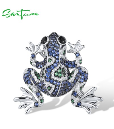 SANTUZZA 925 Silver Brooch Multi-Color Gems Blue Frog Fine Jewelry