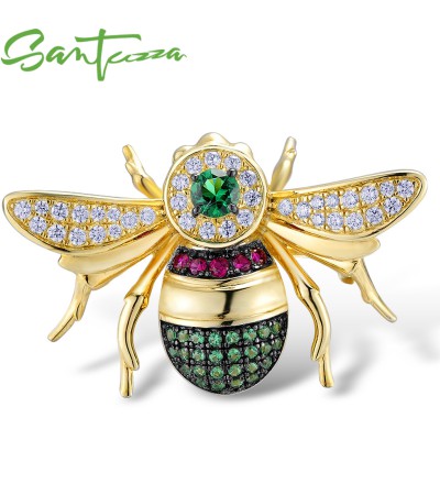 SANTUZZA 925 Sterling Silver Brooch Gold Color Bee Insect Brooch брошь насеко Jewelry