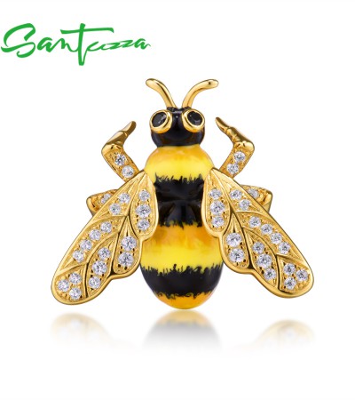 SANTUZZA 925 Sterling Silver Brooch Chic Gold Color Yellow Bee брошь насекомое Jewelry Enamel