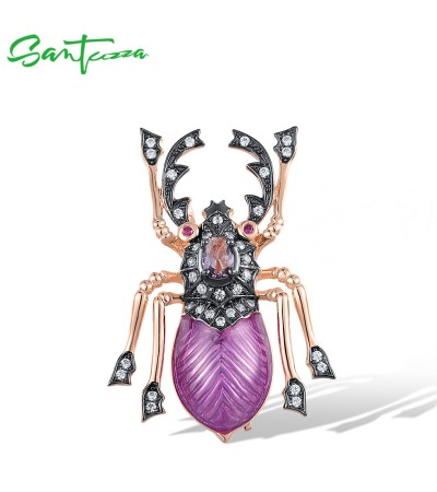 SANTUZZA 925 Sterling Silver Brooch White CZ Created Ruby Purple Stone Beetle Insect Fine Jewelry