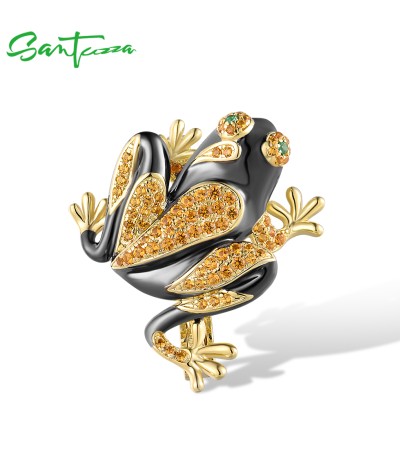 SANTUZZA 925 Silver Brooch Yellow Nano Crystal Black Enamel Frog Fine Jewelry