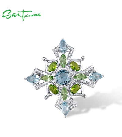 SANTUZZA 925 Silver Brooch Sparkling Blue & Green Stone Jewelry