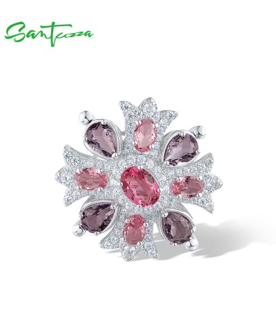 SANTUZZA 925 Silver Brooch Sparkling White CZ Red Purple Stone Jewelry