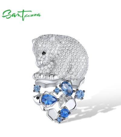 SANTUZZA 925 Silver Brooch White Cubic Zirconia Blue Spinel Bear Animal Fine Jewelry