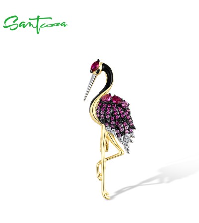 SANTUZZA 925 Sterling Silver Brooch Created Pink Sapphire Ruby Flamingo Bird Animal Jewelry