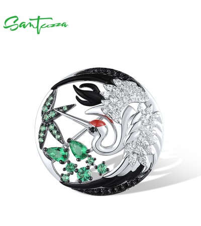 SANTUZZA 925 Silver Brooch White CZ Green Black Spinel Red-Crowned Crane Fine Jewelry