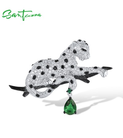 SANTUZZA 925 Silver Brooch White Black Leopard Wild Animal Fine Jewelry