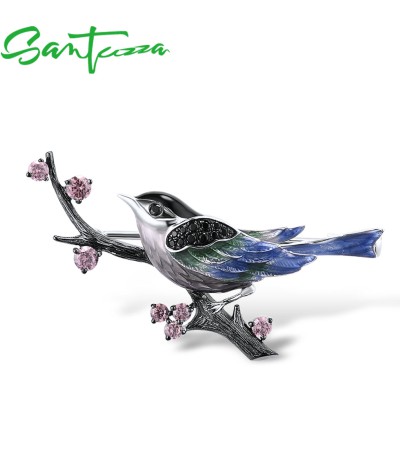 SANTUZZA Silver Brooch 925 Sterling Silver Lovely Magpie Birds Animal Jewelry Enamel