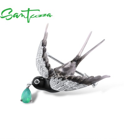 SANTUZZA Silver Brooch 925 Sterling Silver Swallow Bird Animal Green Agate Jewelry Enamel