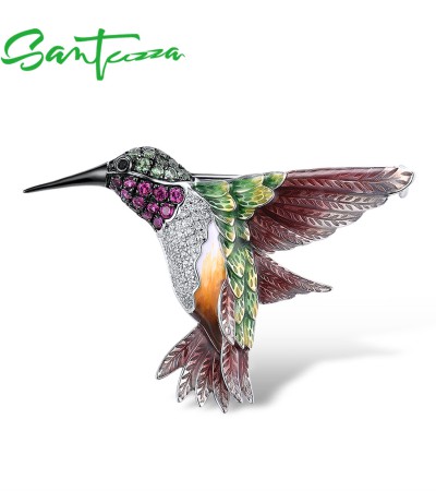 SANTUZZA Silver Brooch Pure 925 Sterling Silver Colorful Hummingbird Animal Jewelry Enamel