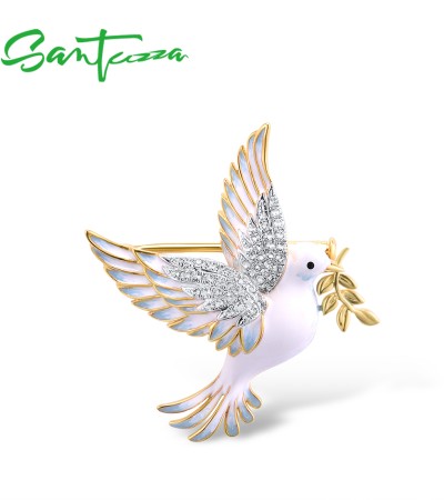 SANTUZZA 925 Sterling Silver Brooch for Women Peace Pigeon Bird Animal Jewelry Enamel