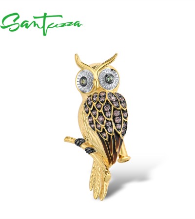 SANTUZZA 925 Sterling Silver Brooch for Women Brown Owl Bird Animal Jewelry Enamel