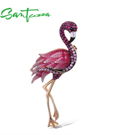 SANTUZZA Silver Brooch 925 Sterling Silver Rose Gold Color Flamingo Bird Animal Jewelry Enamel