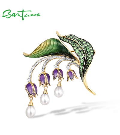 SANTUZZA 925 Sterling Silver Brooch White CZ Pearls Bellflower Leaf Jewelry Enamel
