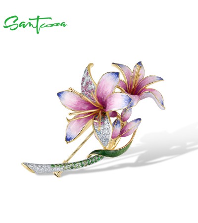 SANTUZZA 925 Sterling Silver Brooch  Multi-Color Pink Lily Flower Rose Enamel Jewelry