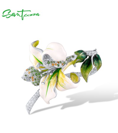 SANTUZZA 925 Sterling Silver Brooch White CZ Pearls Bellflower Leaf Jewelry Enamel