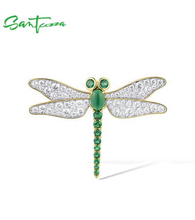 SANTUZZA 925 Sterling Silver Brooch Green Spinel White CZ Gold Color Dragonfly Insect Brooch Jewelry