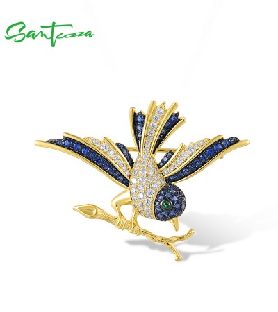 SANTUZZA 925 Sterling Silver Brooch Swallow Bird Animal Green Spinel Blue Stone Fine Jewelry