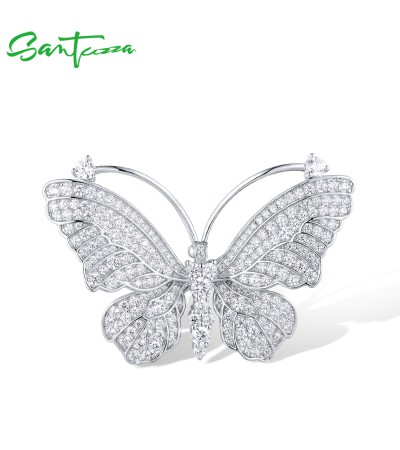 SANTUZZA 925 Silver Brooch For Women White Cubic Zirconia Butterfly Jewelry