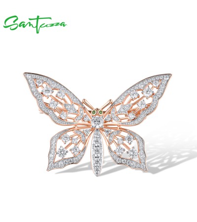 SANTUZZA 925 Silver Brooch White Cubic Zirconia Butterfly Wedding Jewelry