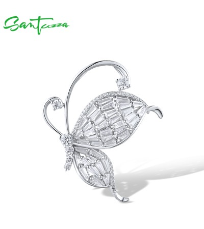 SANTUZZA 925 Silver Brooch White Cubic Zirconia Butterfly Wedding Party Jewelry